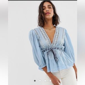 Free People Light Blue Lace Trim Blouse S